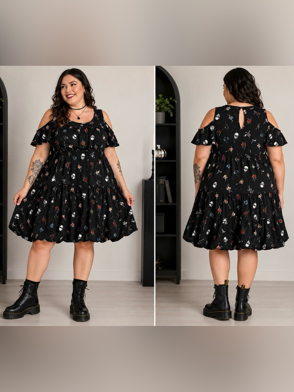 Torrid Size 3X 22/24 Black Halloween Goth Dress Skull Snake Rose Key Print